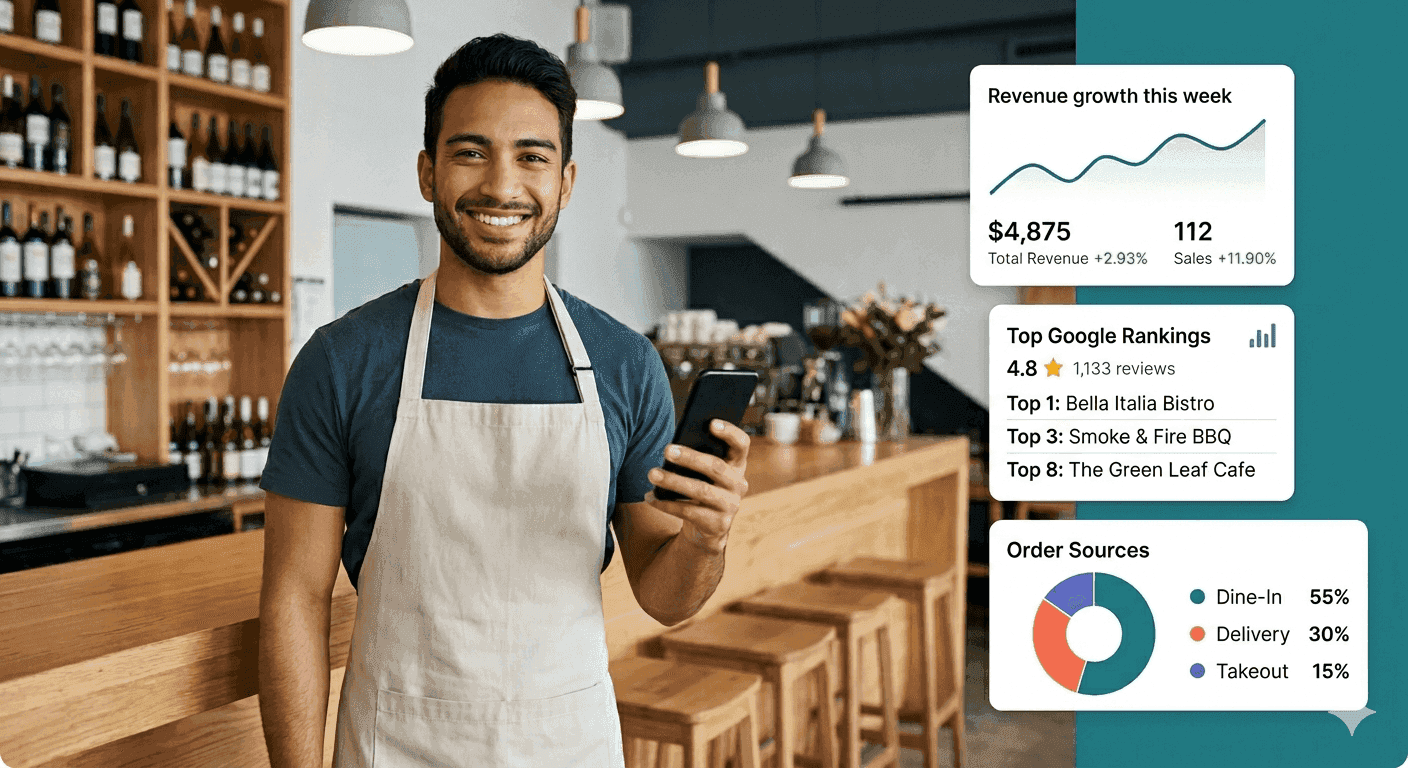 Dueño revisando los reportes de su restaurante en la app de RAY