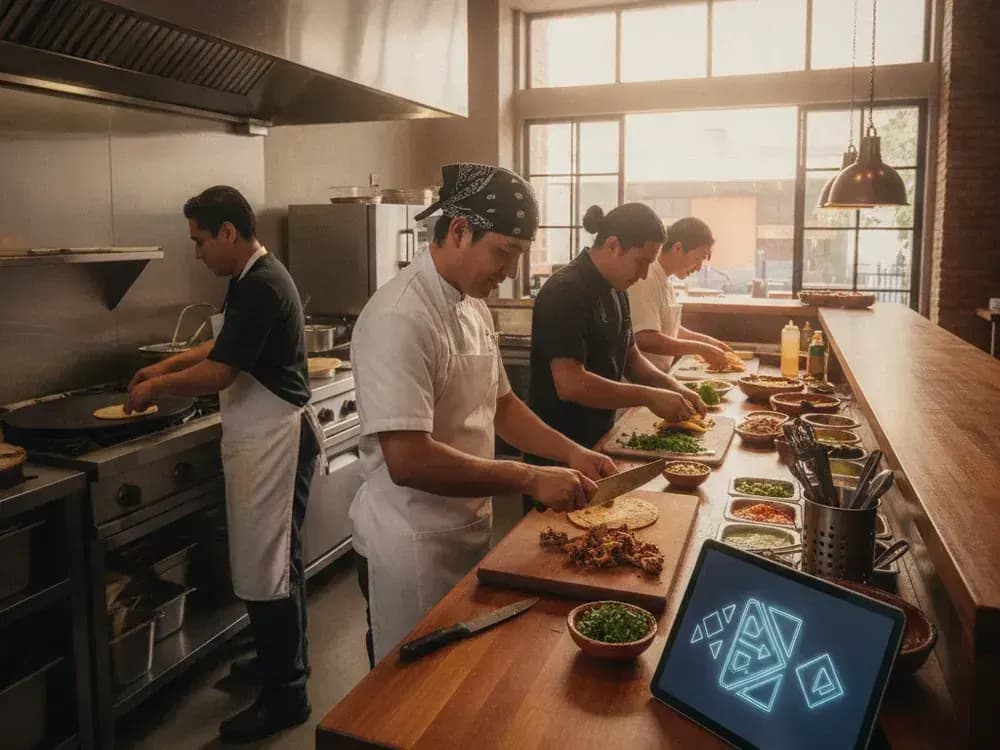 Cocina de un restaurante con una tablet mostrando el pedido entrante