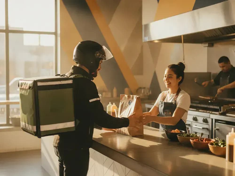 Repartidor en moto retirando un pedido en el mostrador del restaurante