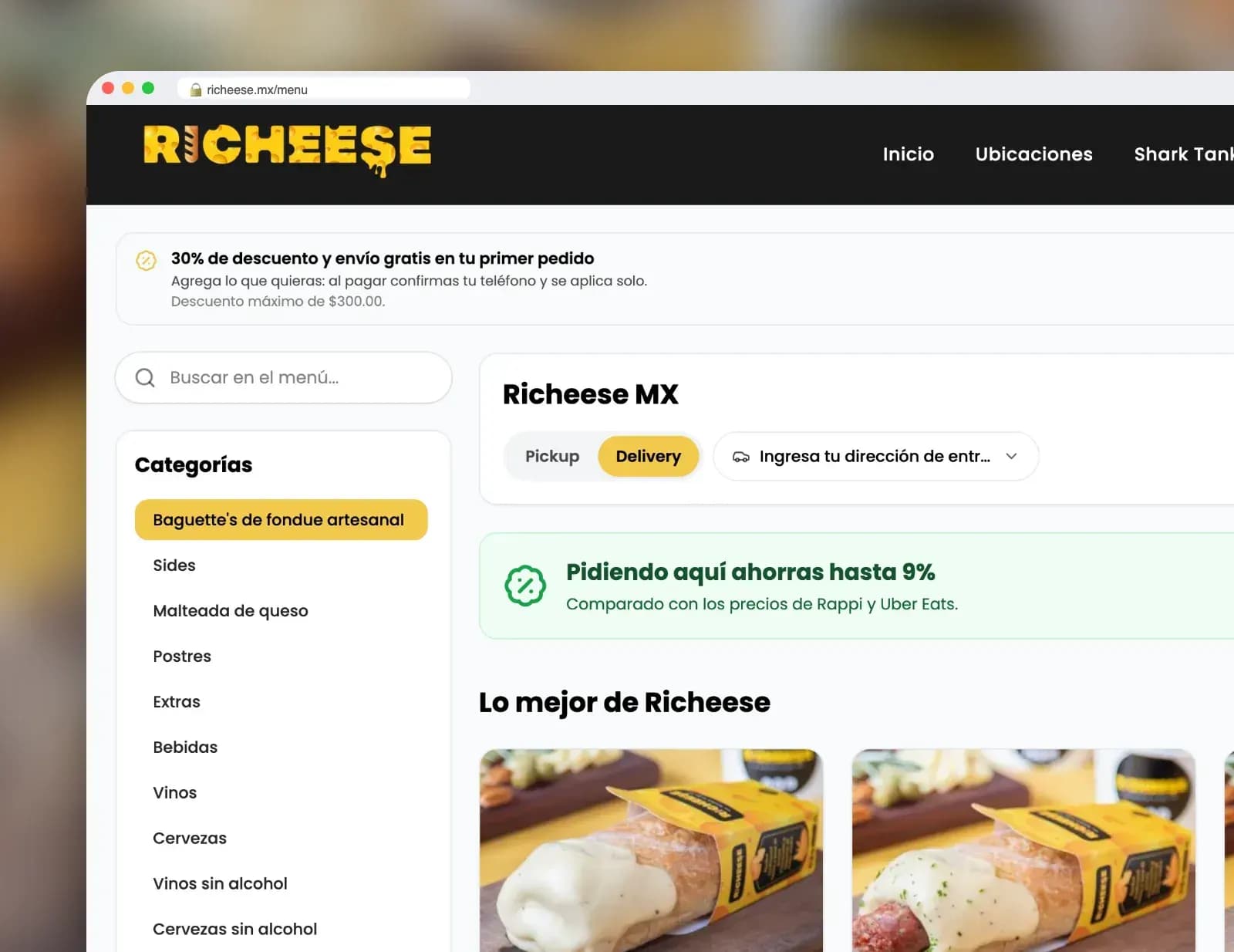 Tienda online de Richeese, cliente de RAY en Ciudad de México, con su menú y pedidos a domicilio