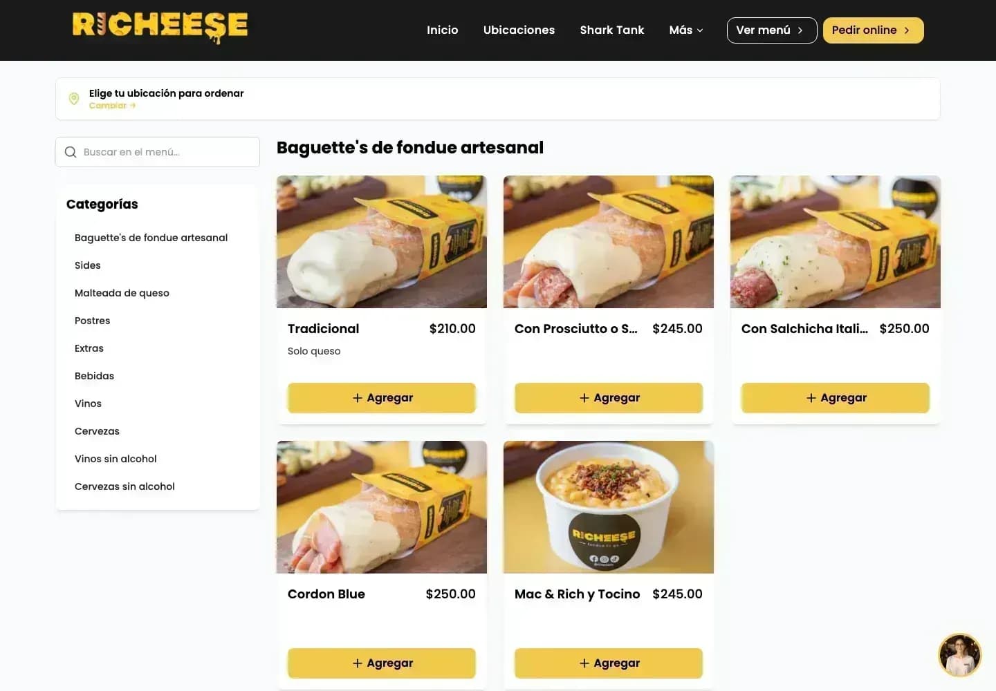 Ecommerce de Richeese hecho con RAY: menú de baguettes de fondue con precios y botón Agregar