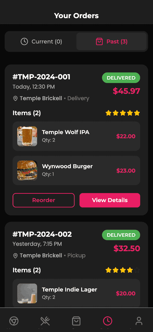 Temple Craft mobile app orders screen