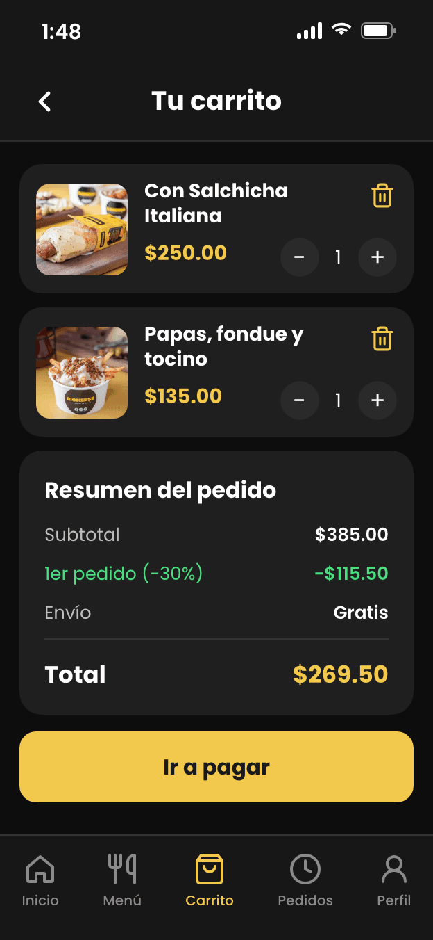 Pantalla de carrito de la app móvil de Richeese
