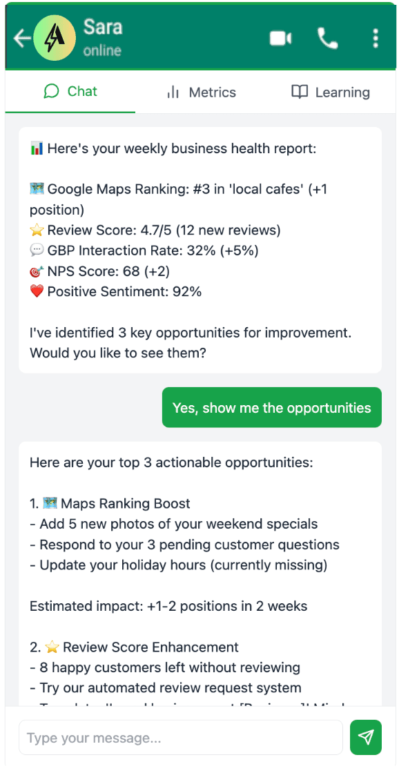 Chat interface showing a business report with opportunities for improvement and actions to boost rankings and reviews.