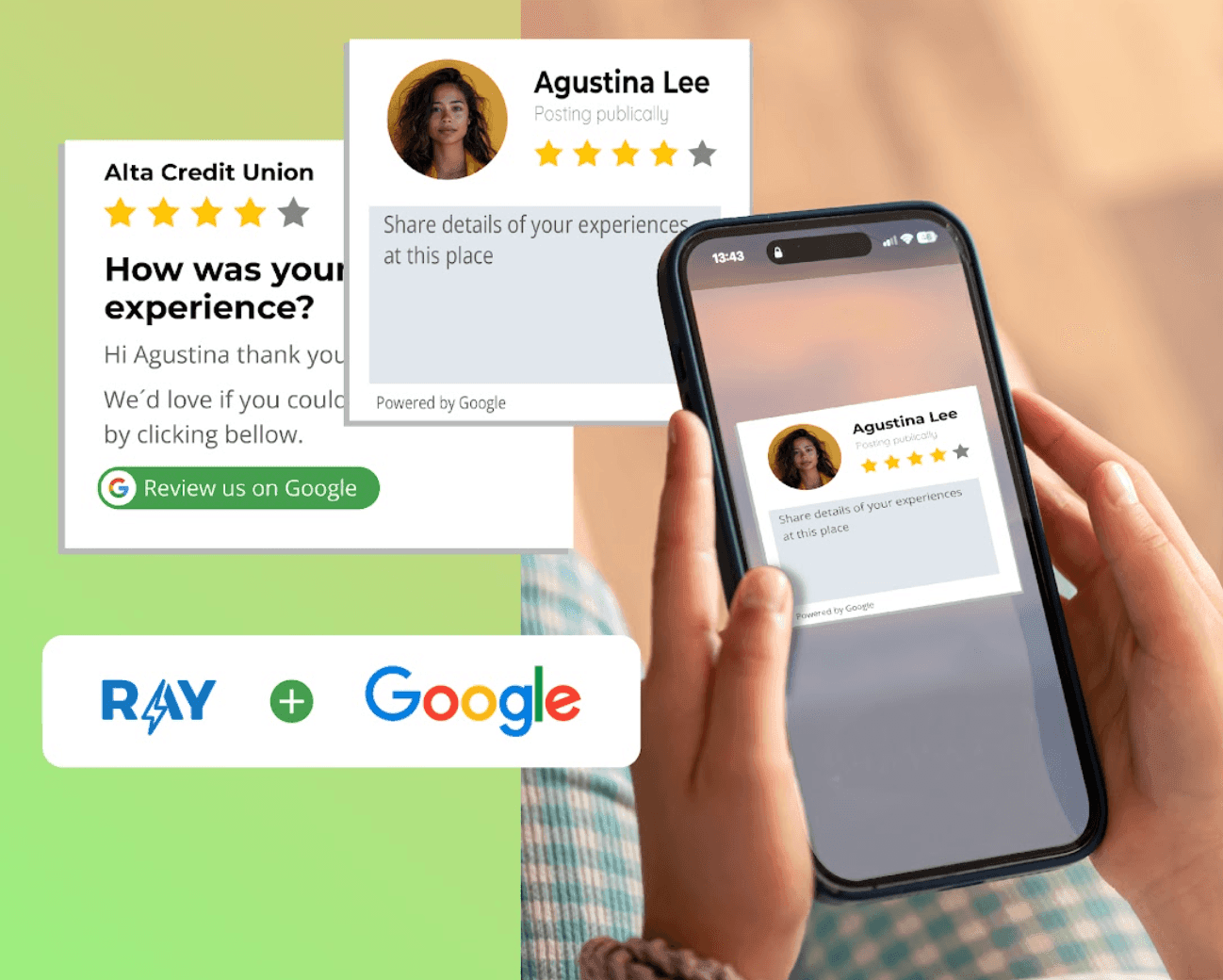 Person holding phone displaying a Google review request, with Ray and Google logos below.