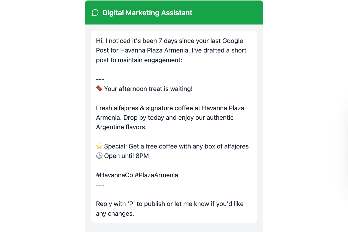 Digital Marketing Assistant message suggesting a post about alfajores and coffee at Havanna Plaza Armenia.