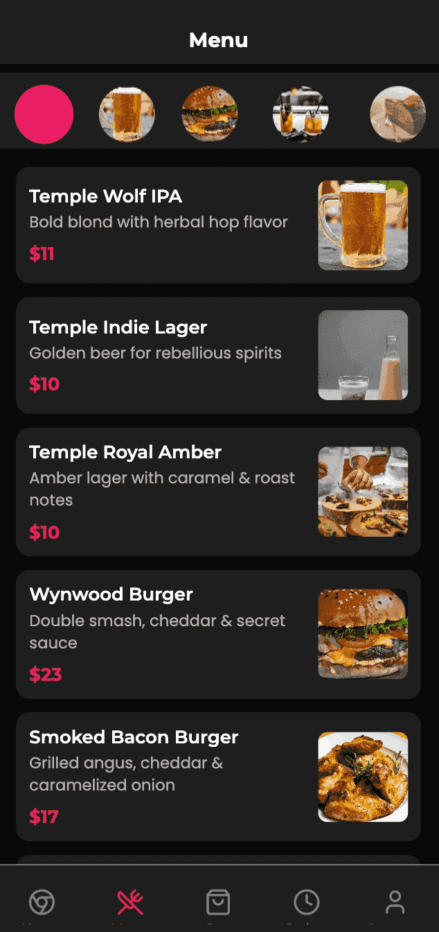 Temple mobile app menu interface
