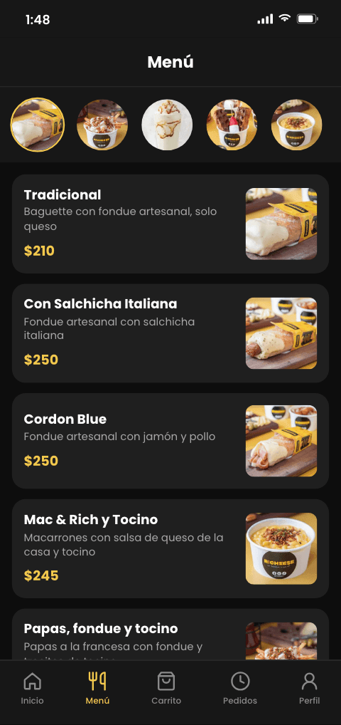 Menú de la app de pedidos de Richeese