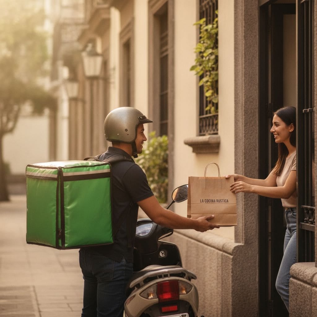 Repartidor de las apps de delivery entregando en la puerta un pedido directo con la bolsa del restaurante
