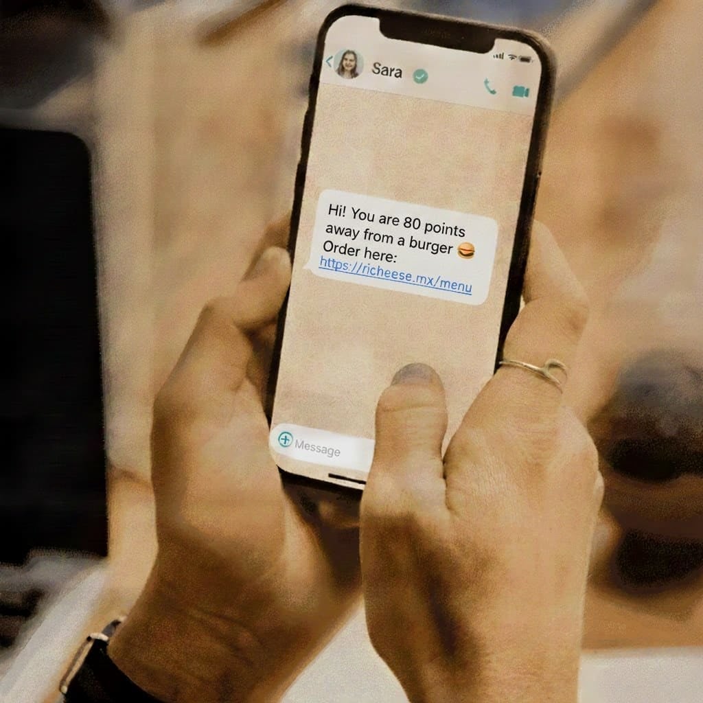 Rewards program on WhatsApp: Sara says you are 80 points away from a burger and sends the link to order