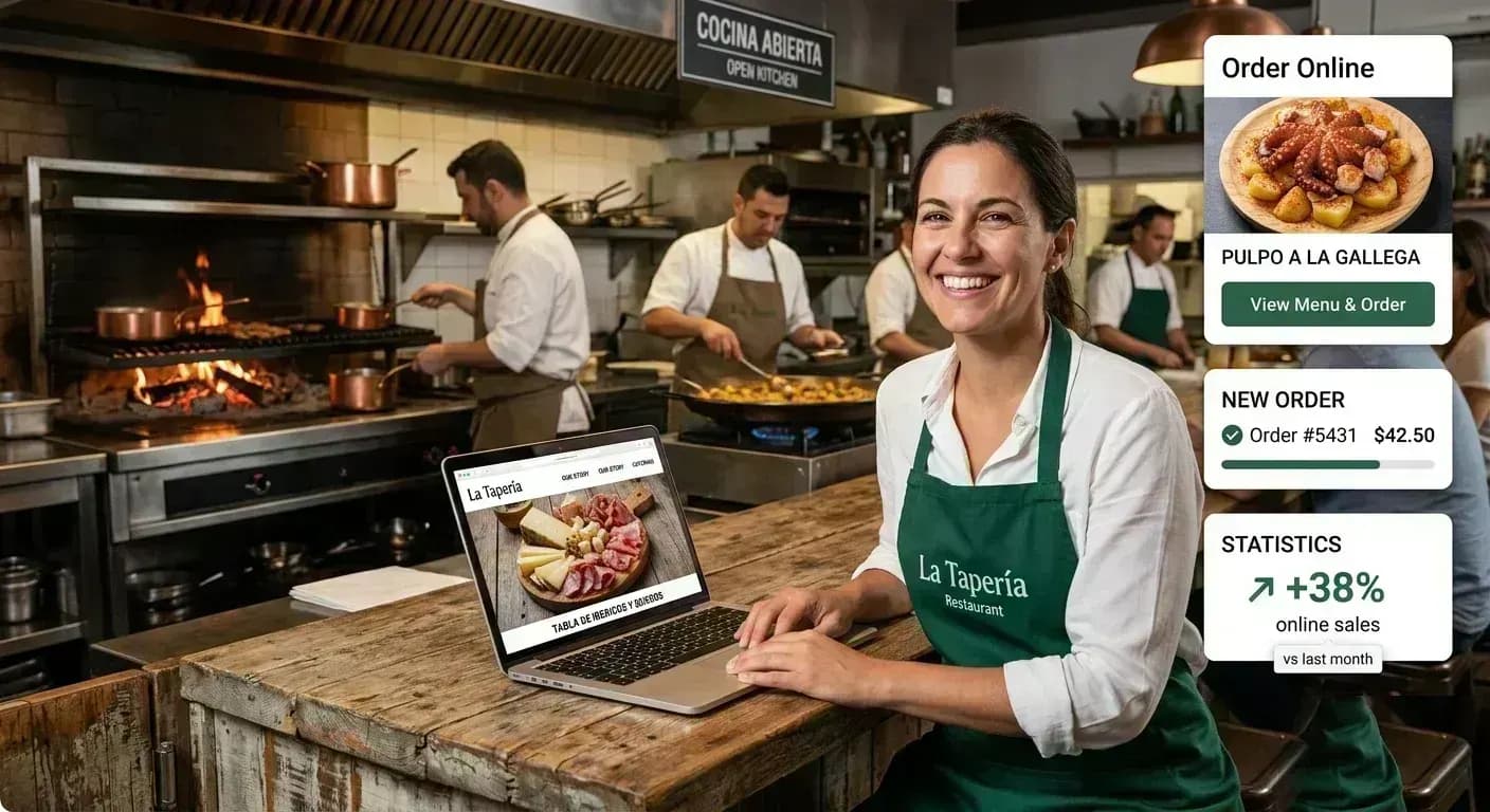 Restaurant owner with her new website taking online orders and growing sales