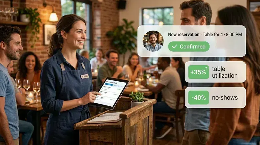 Host welcoming guests with the reservation system on a tablet, +35% table utilization and -40% no-shows