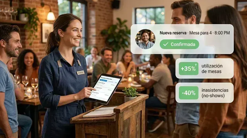 Anfitriona recibiendo clientes con el sistema de reservas en tablet, +35% utilización de mesas y -40% no-shows