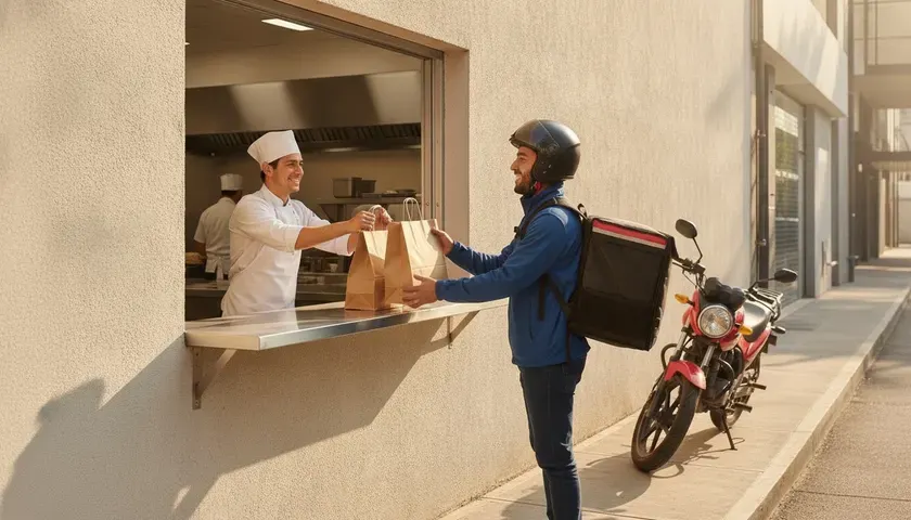 Cocinero de una dark kitchen entregando pedidos por la ventanilla a un repartidor que espera afuera con su moto, sin comisión