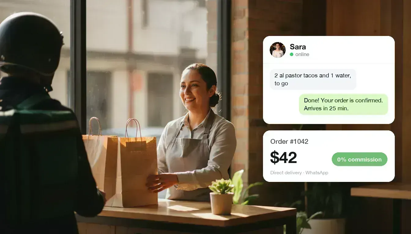 Restaurant owner handing over a zero-commission delivery order handled by Sara, RAY's AI salesperson, on WhatsApp