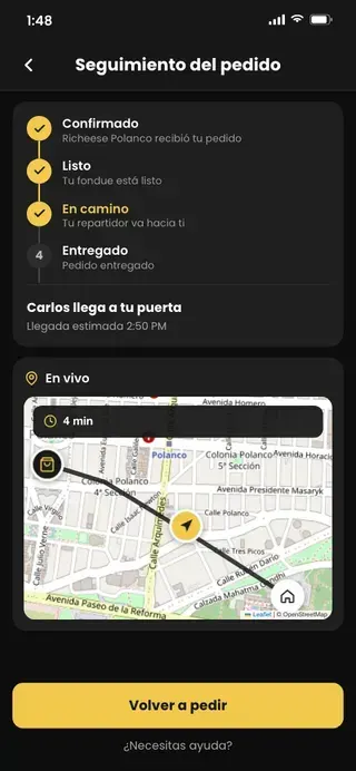 Seguimiento en tiempo real de un pedido de Richeese en Ciudad de México