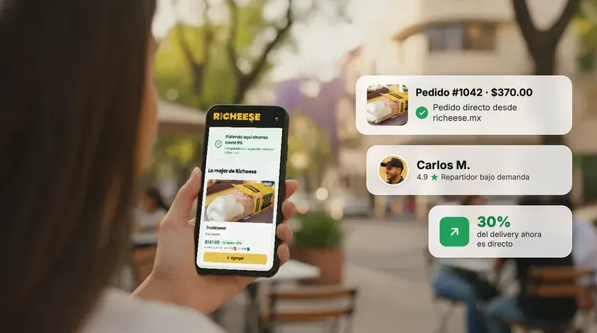 Cliente en la Condesa pidiendo en la tienda online de Richeese, con pedido directo y repartidor on-demand