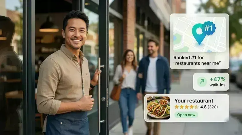 Restaurant owner welcoming customers at the door, with their business ranked #1 on Google Maps