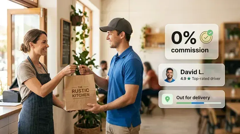 Restaurant owner handing an order to a top-rated delivery driver, with 0% commission