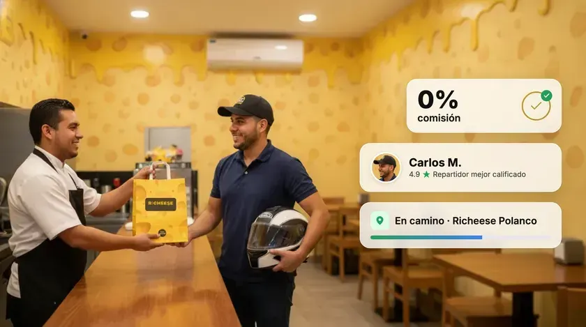 Equipo de Richeese entregando un pedido a un repartidor mejor calificado, con 0% de comisión
